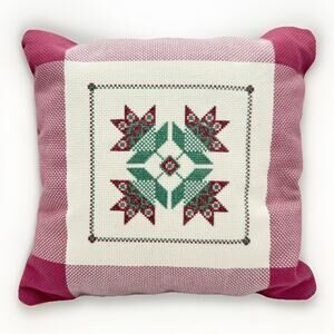 Vintage Handmade Pink Cross Stitch Pillow Cottage Nursery Floral Petite ~ 11”